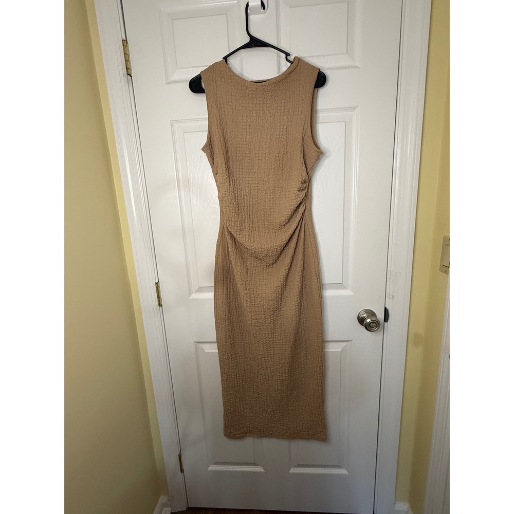 See You Monday Midi Dress Women XL Tan Popcorn Textured Ruched Sleeveless
